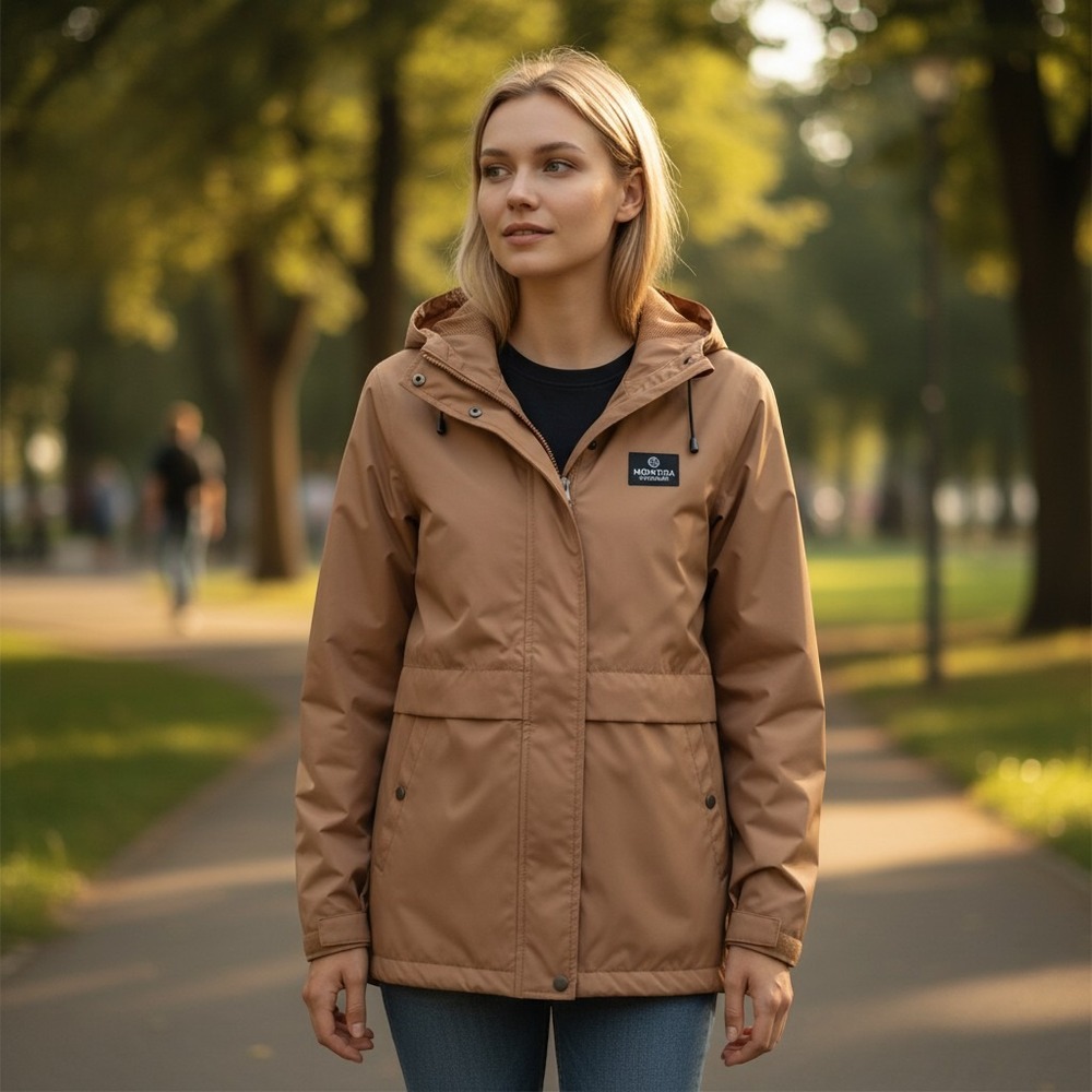Mondetta Outdoor Project Tan Brown Hooded Rain Jacket Parka Womens Medium